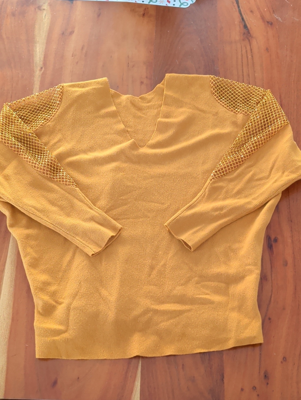 Women’s Mustard V-Neck Sweater with Mesh Sleeves